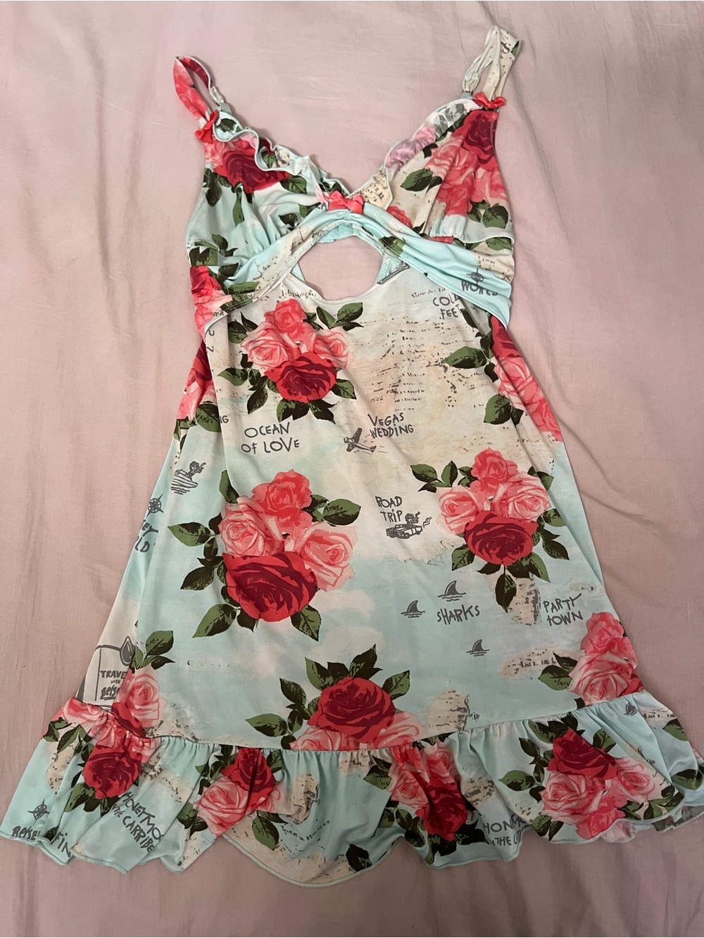 Betsey Johnson Mint Blue Floral Chemise with Pink & Red Roses